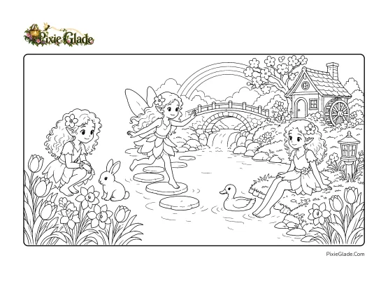 Coloring page showing pixies beside a pond and a bridge